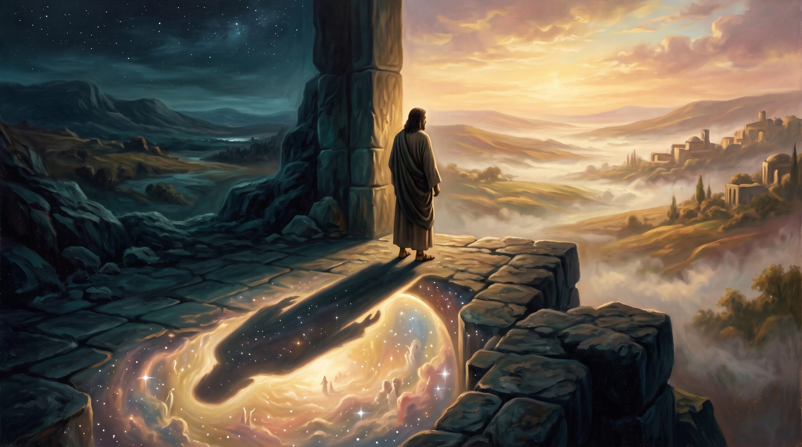 Lone figure on a threshold between a golden-lit world and a deep indigo world, their long shadow forming a doorway